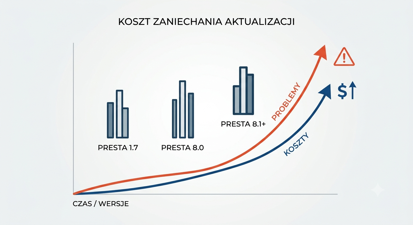 Wykres zaniedbania pokazujący rosnący z biegiem czasu koszt ignorowania nowych wersji PrestaShop w zestawieniu z rosnącą ilością problemów technicznych