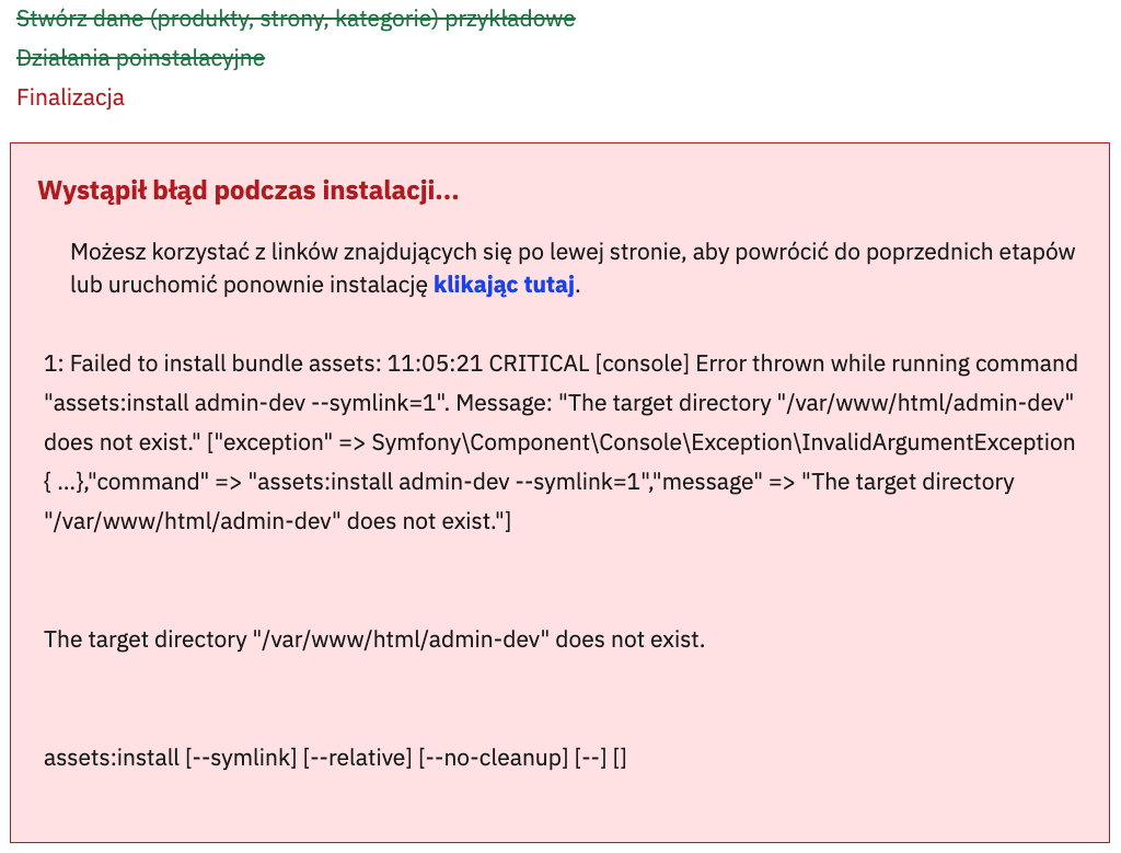 Błąd instalatora: admin-dev does not exist