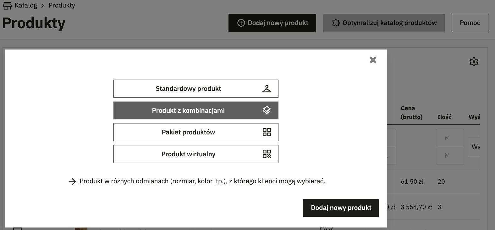 Wybór produktu z kombinacjami