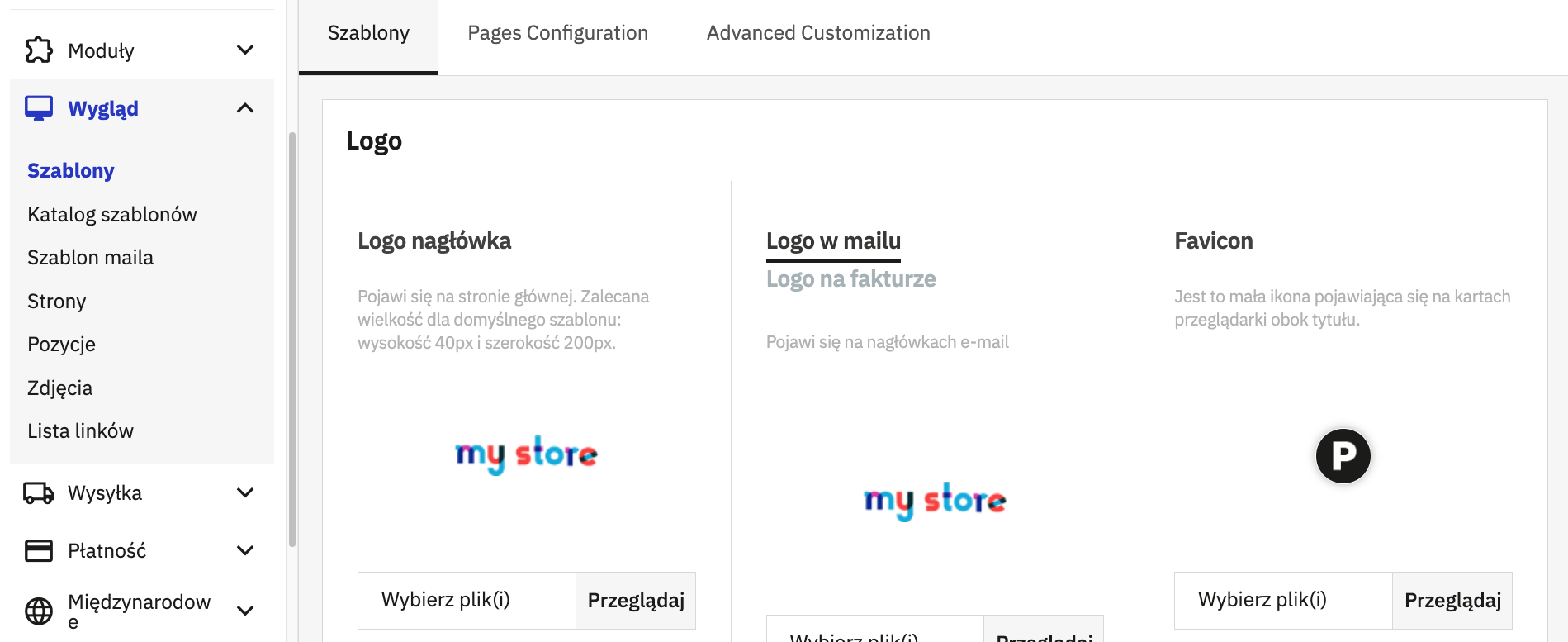 Lista szablonów BO