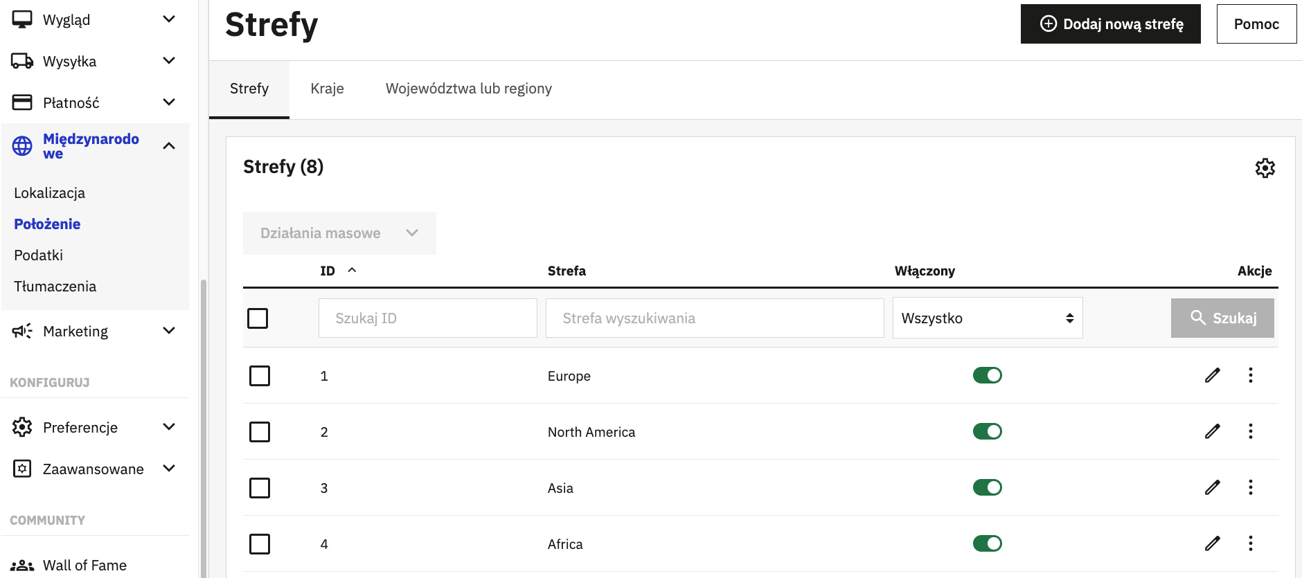 Lista stref wysyłki