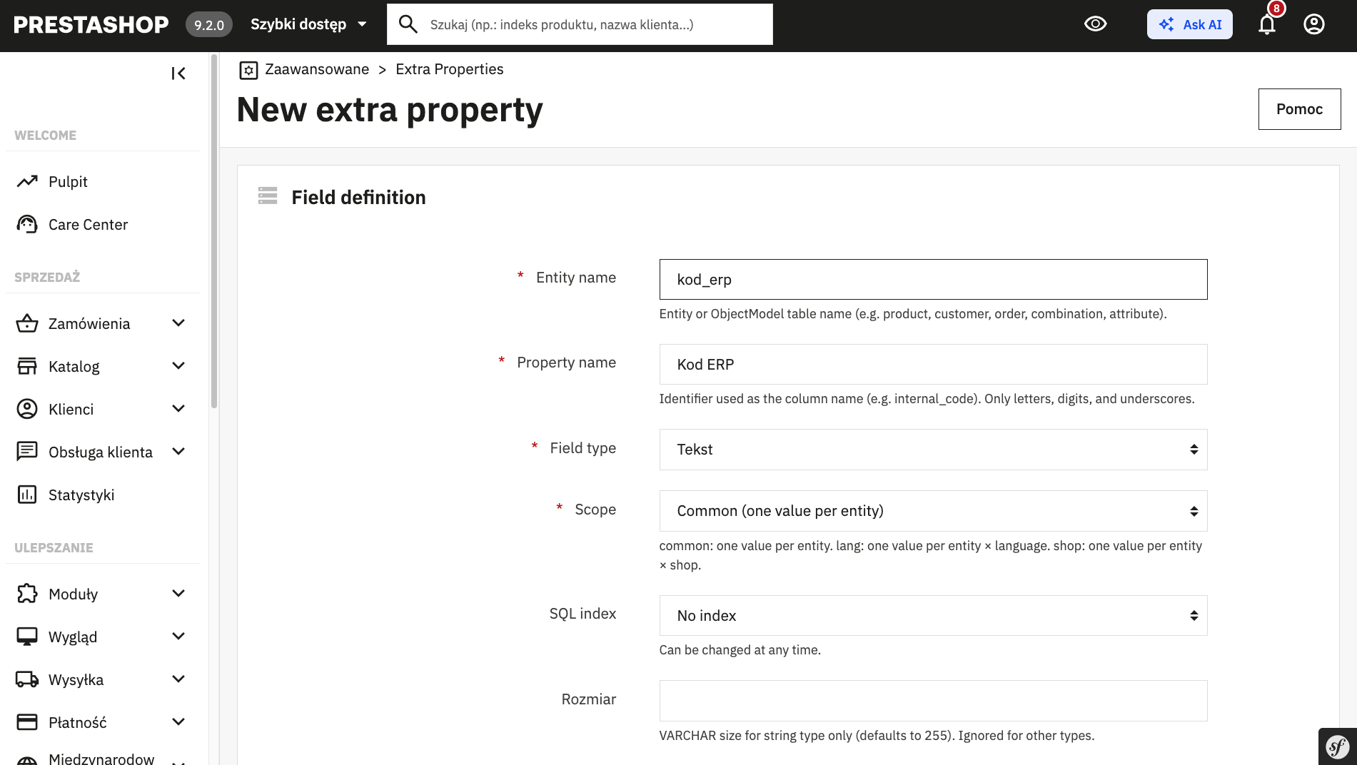 Panel Extra Properties w PrestaShop 9.2 – dodawanie własnego pola Kod ERP