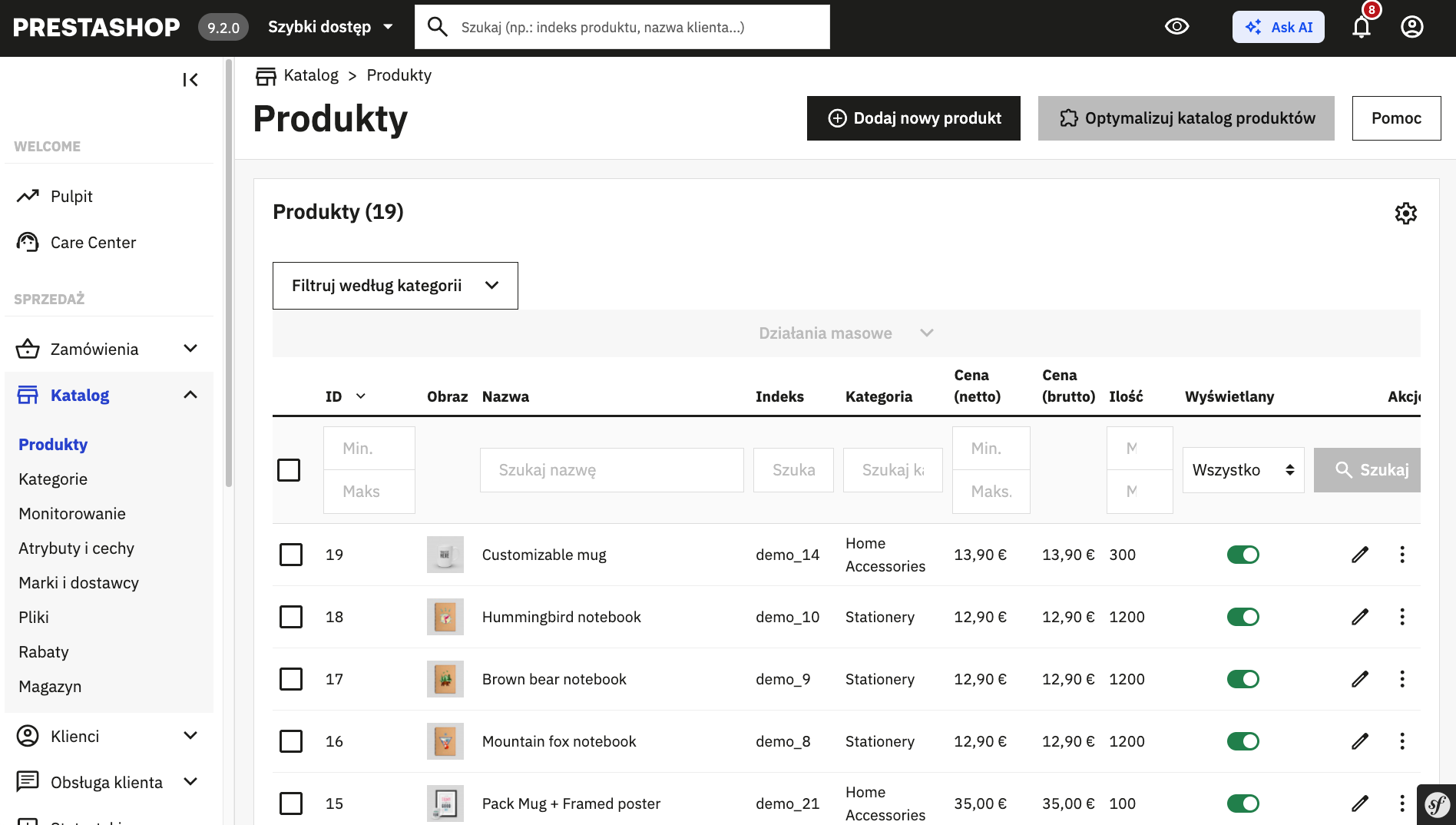 Panel administracyjny PrestaShop 9.2 z listą produktów w katalogu